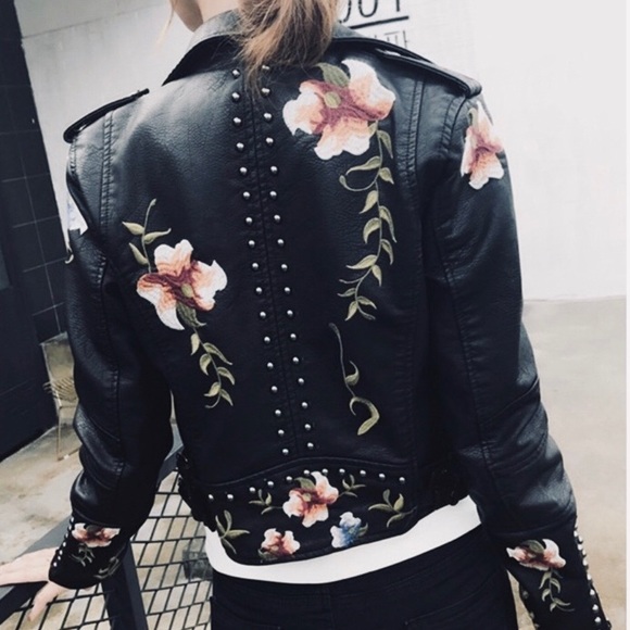 Vegan Leather Embroidered Moto Jacket - Picture 6 of 7